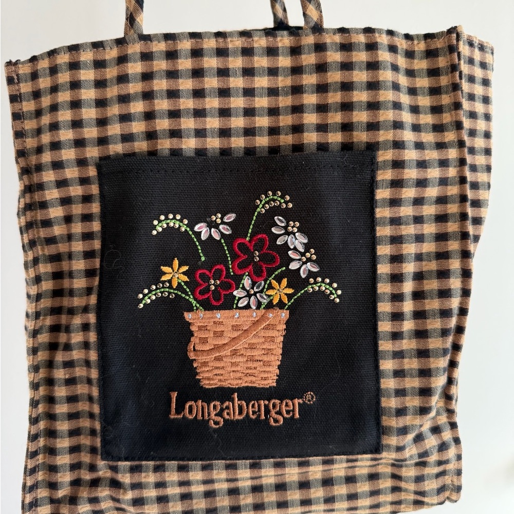 Longaberger Black and Brown Checkered Tote with Floral Embroidery